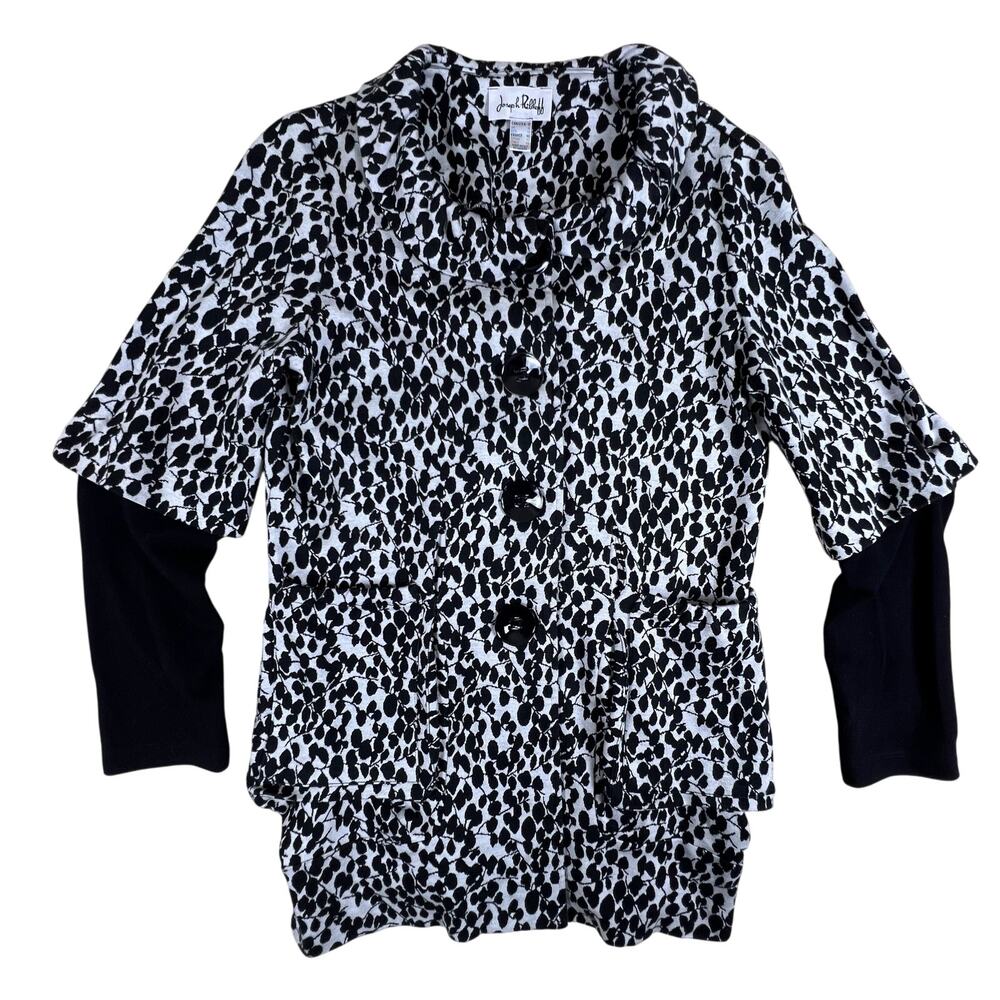 Vintage Joseph Ribkoff Jacket 10 Black White Abstract Convertible Sleeve Blazer